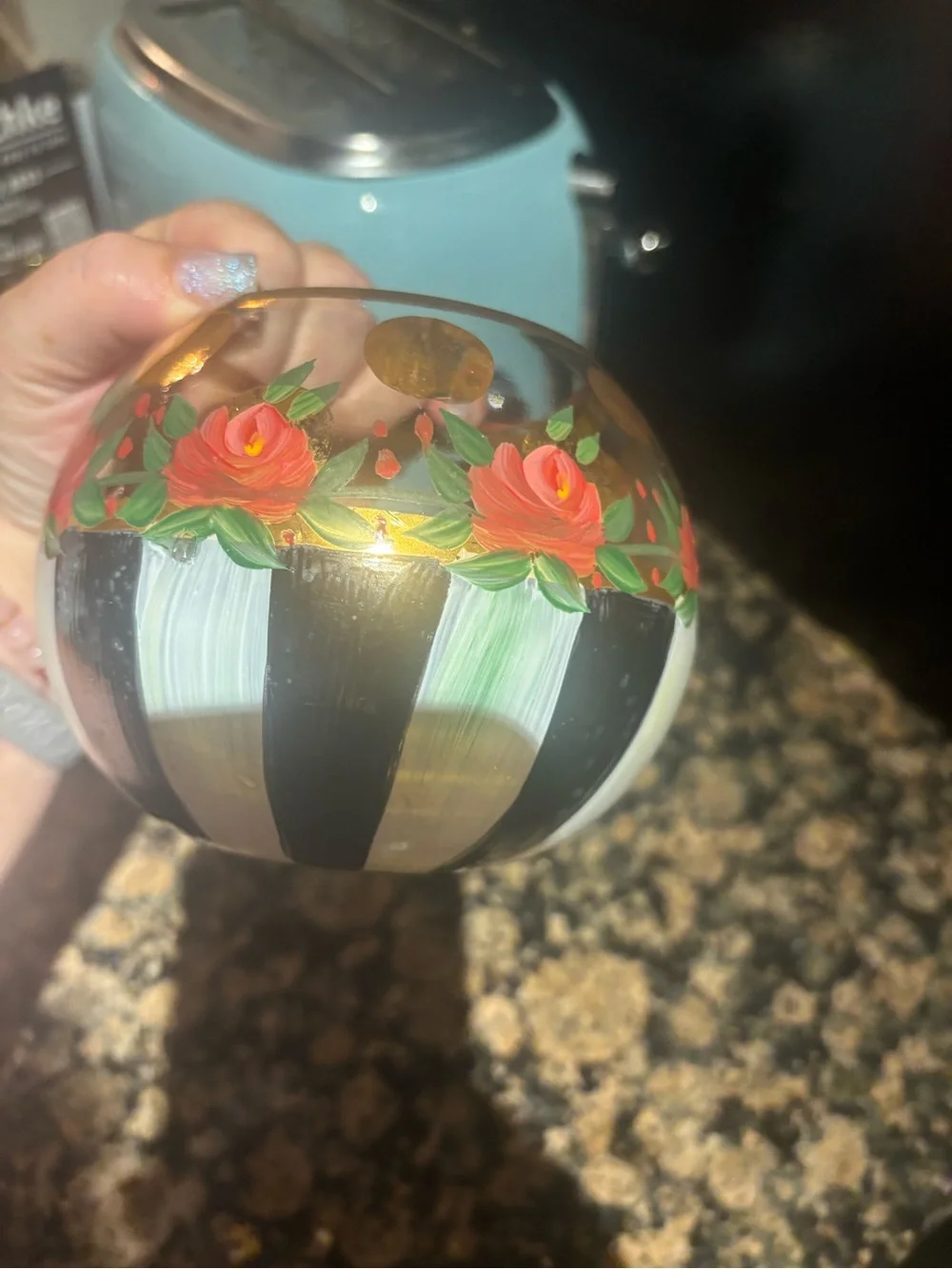 Mackenzie Childs Heirloom Rose Bowl Vase Votive Holder Hand Painted-Retired Rare